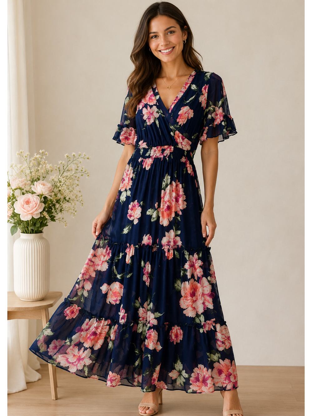 Tiered Blue Floral Mesh Midi Dress Size M Faux Wrap Dress Cottagecore Prairie